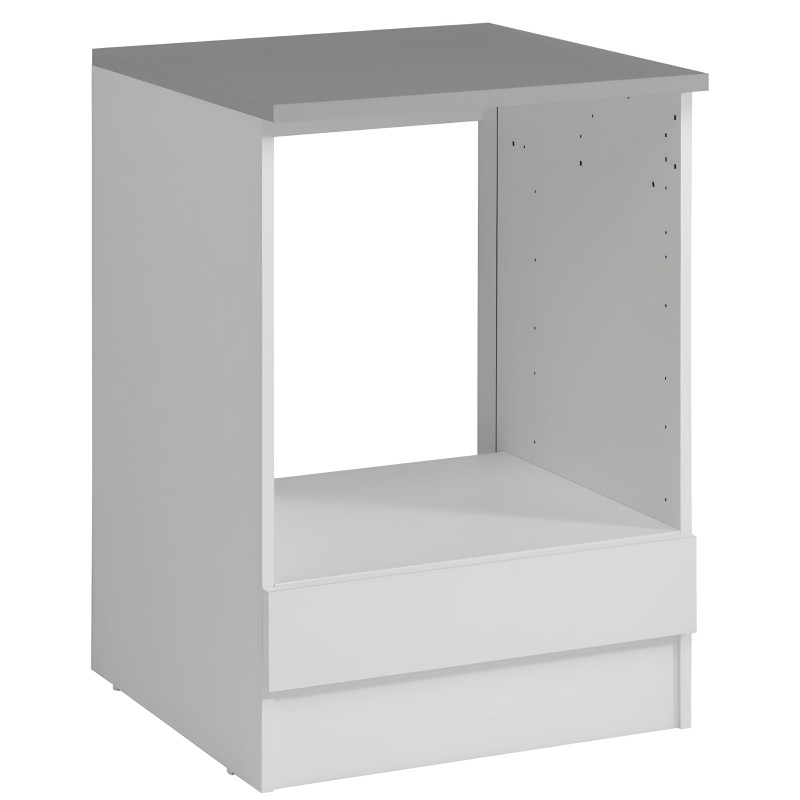 Mueble base de cocina blanco y gris con hueco abierto y cajones inferiores