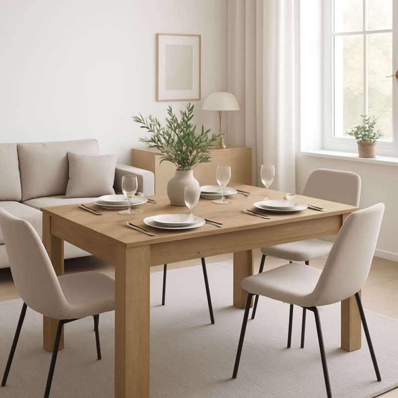 Comedor con mesa de madera clara rectangular y sillas tapizadas beige con patas metálicas negras y sofá de fondo en ambiente aco