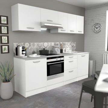 Cocina lineal blanca con muebles superiores e inferiores y encimera gris integrada en ambiente