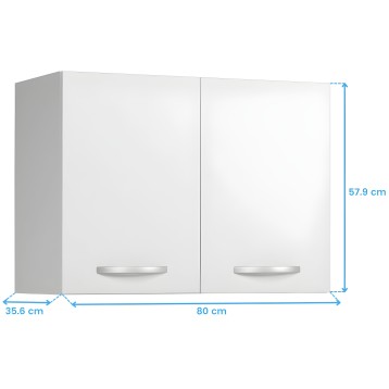 Armario colgante blanco con dos puertas y tiradores metálicos vista frontal y lateral