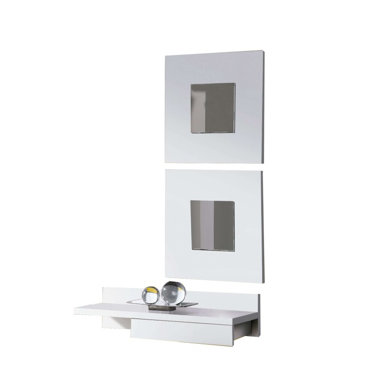 Mueble modular blanco con dos paneles espejo y consola flotante con cajón inferior decorado
