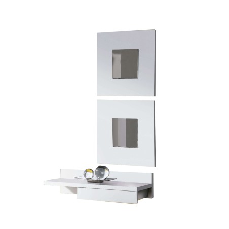 Mueble modular blanco con dos paneles espejo y consola flotante con cajón inferior decorado