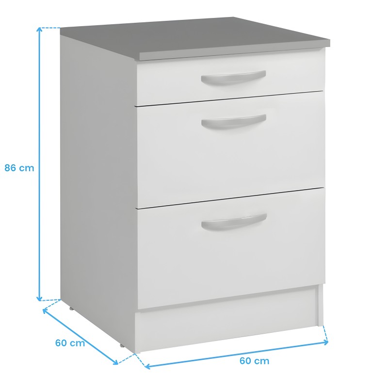 Mueble auxiliar blanco con tres cajones y encimera gris oscuro vista en perspectiva