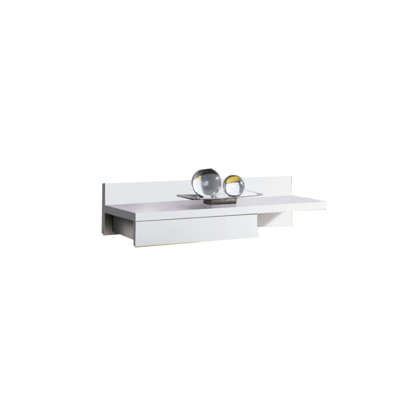 Repisa flotante blanca con cajón y lateral gris decorada con esferas de cristal