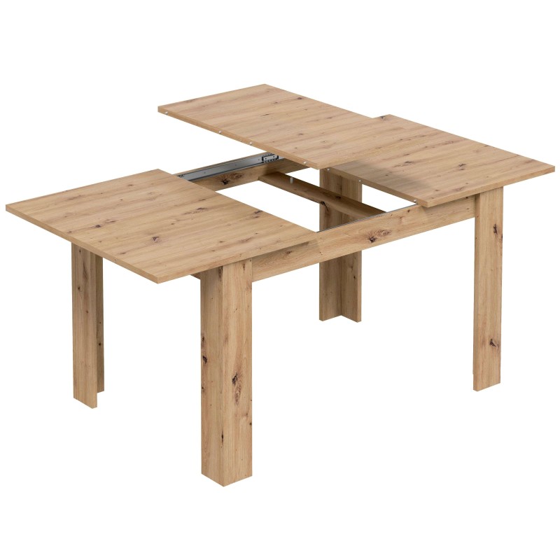 Mesa de comedor extensible en madera clara con sistema de apertura y patas macizas