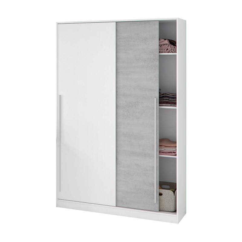 Armario empotrable blanco con puertas correderas y compartimentos interiores con ropa doblada