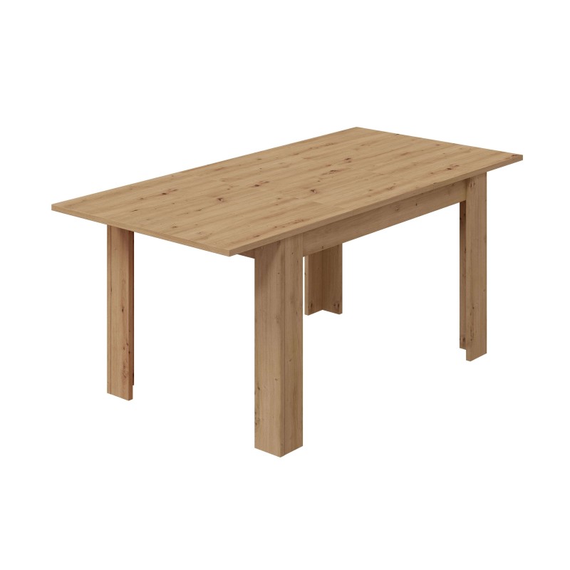 Mesa de comedor rectangular en madera clara con tablero liso y patas macizas cuadradas