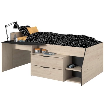 Cama nido con escritorio integrado en madera clara y superficie negra con almacenaje y cajones