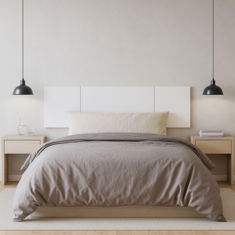 Cama con cabecero tapizado blanco y estructura de madera clara en dormitorio minimalista