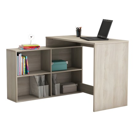 Escritorio en L de madera clara con estantería integrada y compartimentos de almacenamiento para libros y accesorios de oficina