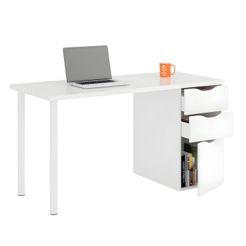 Escritorio blanco con cajones y estantería lateral abierta con laptop y taza sobre la superficie