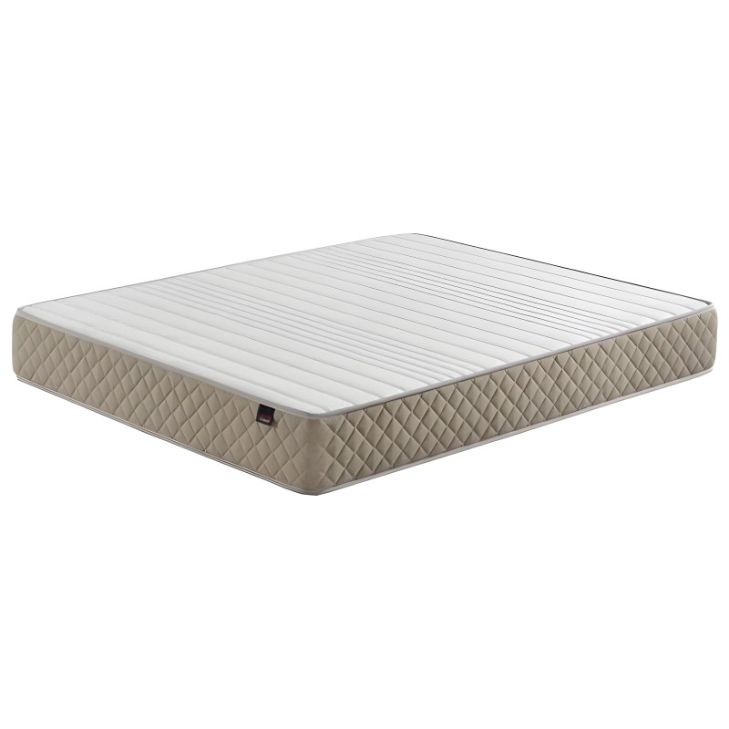 Colchón con superficie acolchada blanca y lateral quilted en beige vista en perspectiva
