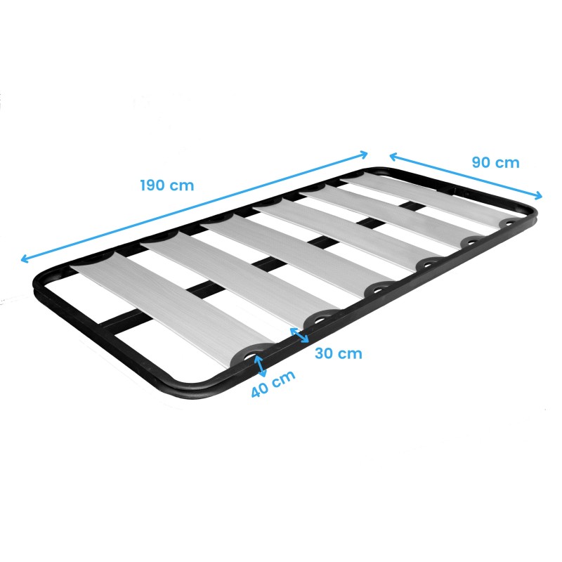 Base cama con estructura negra y láminas grises y blancas en vista superior con medidas indicadas