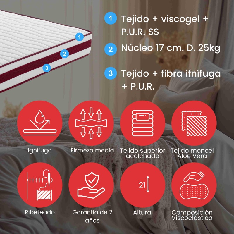 Colchón viscoelástico con núcleo de 17 cm y tejido superior acolchado en tonos crema y burdeos