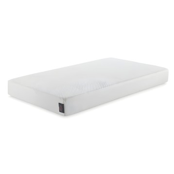 Colchón blanco con superficie ergonómica y etiqueta lateral en vista frontal