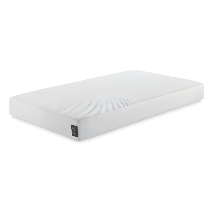 Colchón blanco con superficie ergonómica y etiqueta lateral en vista frontal