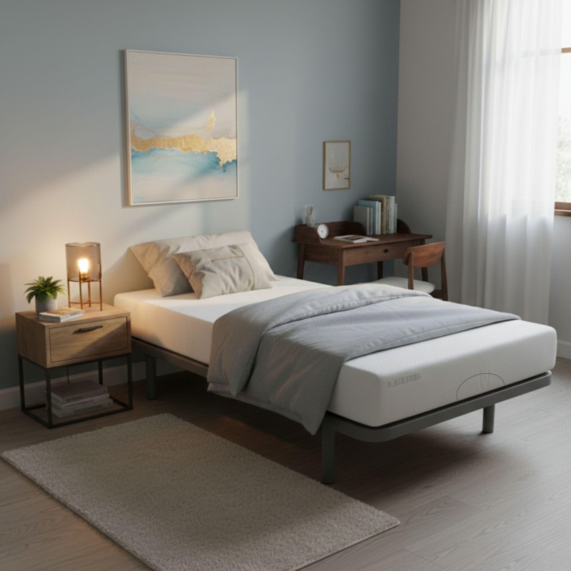 Cama matrimonial con colchón blanco y estructura metálica gris en dormitorio con mesita de noche madera y escritorio