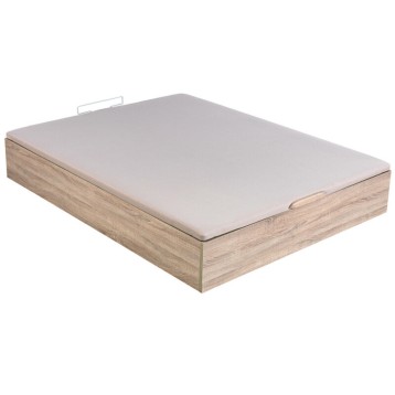 Cama baúl de madera clara con colchón blanco y tirador metálico lateral vista tres cuartos
