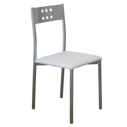 Silla de metal gris con respaldo perforado y asiento tapizado blanco
