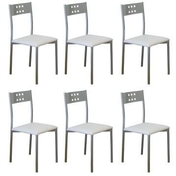 Sillas de comedor metálicas grises con respaldo perforado y asiento tapizado blanco