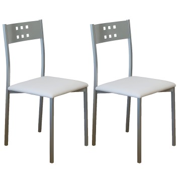 Par de sillas de comedor con estructura metálica gris y respaldo perforado y asiento tapizado blanco