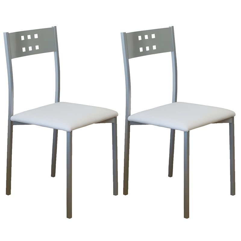 Par de sillas de comedor con estructura metálica gris y respaldo perforado y asiento tapizado blanco