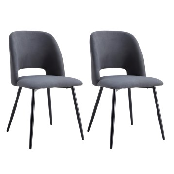 Par de sillas de comedor tapizadas en gris oscuro con respaldo redondeado y patas metálicas negras