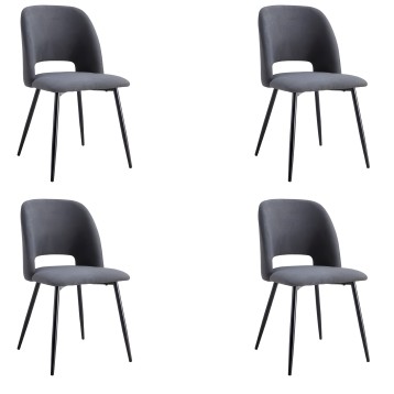 Juego de cuatro sillas de comedor tapizadas en gris oscuro con respaldo curvo y patas metálicas negras
