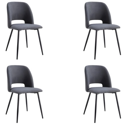 Juego de cuatro sillas de comedor tapizadas en gris oscuro con respaldo curvo y patas metálicas negras
