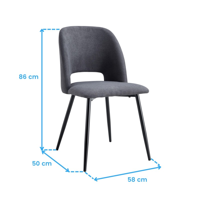 Silla de comedor tapizada en gris oscuro con respaldo redondeado y patas metálicas negras vista frontal