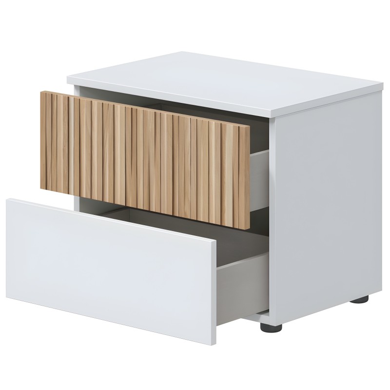 Mesita de noche blanca con cajón de frente y tirador de madera con lamas verticales