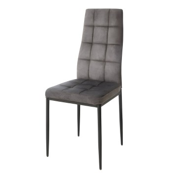 Silla de comedor tapizada en gris con respaldo acolchado y estructura metálica negra