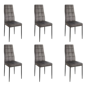 Silla de comedor tapizada gris oscuro con respaldo acolchado y patas metálicas negras set de 6 unidades