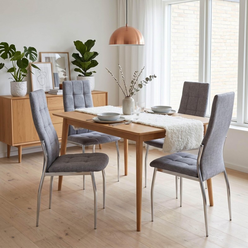 Comedor moderno con mesa de madera clara y sillas tapizadas en gris con patas metálicas en ambiente luminoso