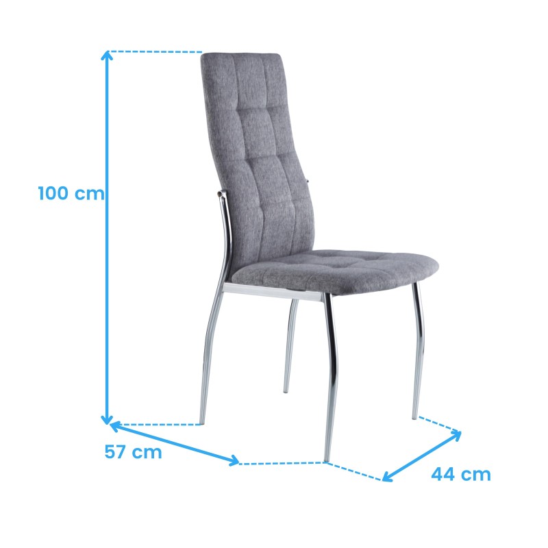 Silla de comedor tapizada en gris con respaldo acolchado y estructura metálica cromada