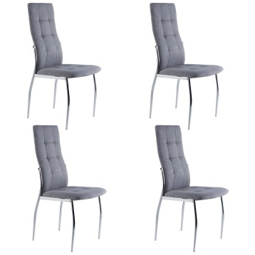 Juego de 4 sillas de comedor tapizadas en gris con respaldo acolchado y patas metálicas cromadas