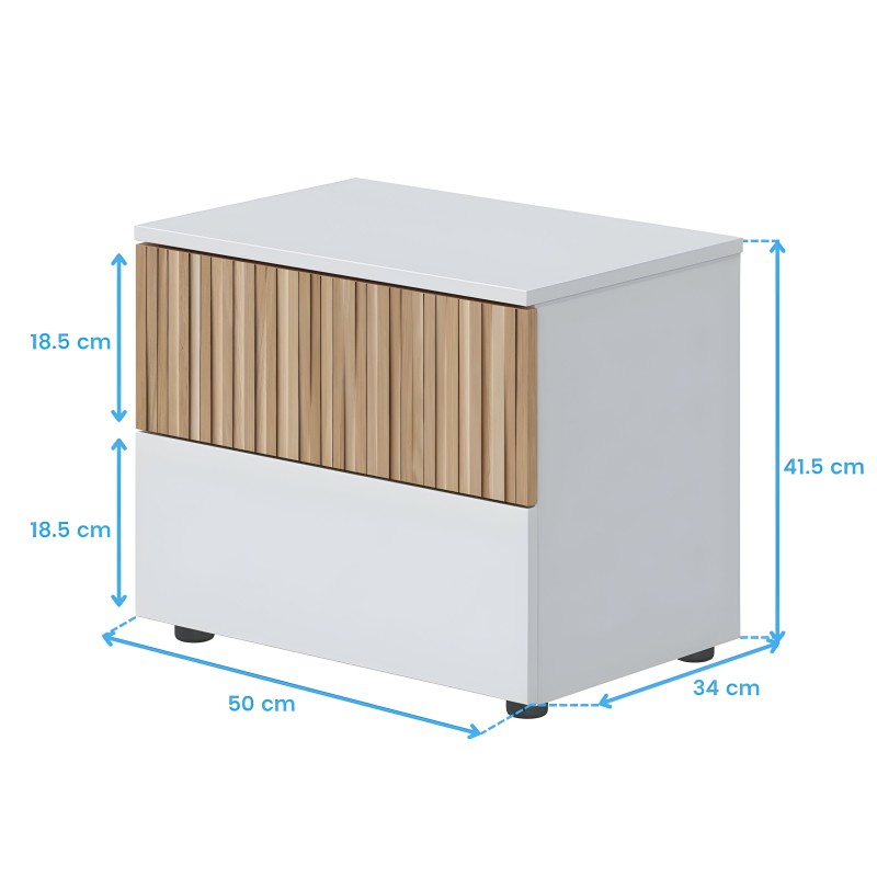 Mesita de noche blanca con cajón frontal y panel de madera con lamas verticales en color natural