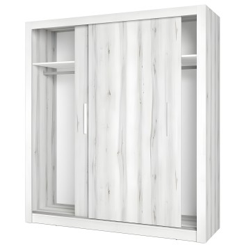 Armario con puertas correderas espejo y madera blanca con vetas grises y estantes interiores