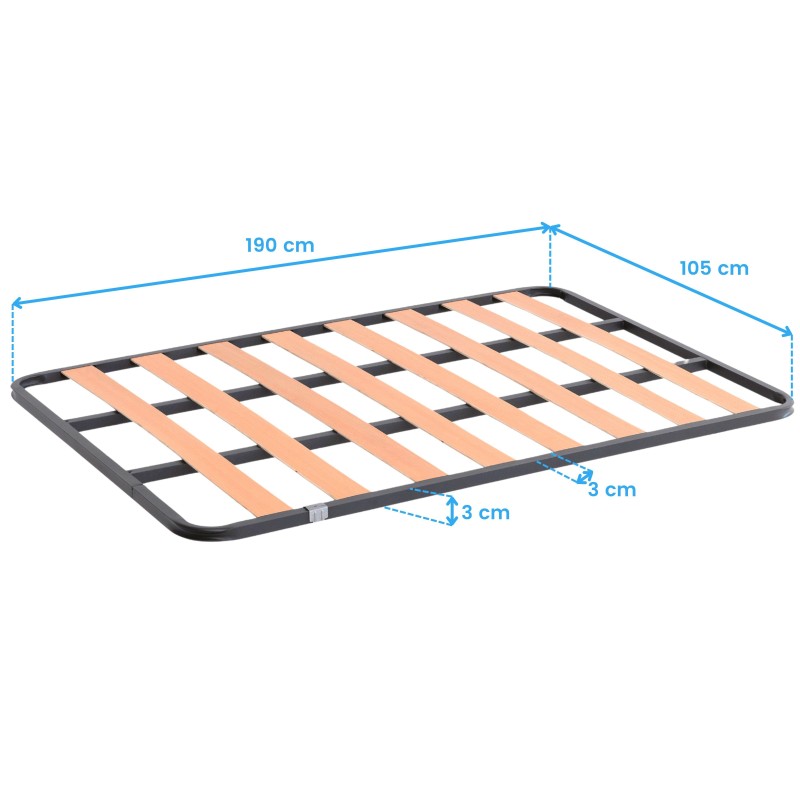 Base cama con estructura negra y láminas de madera natural en vista isométrica con dimensiones indicadas