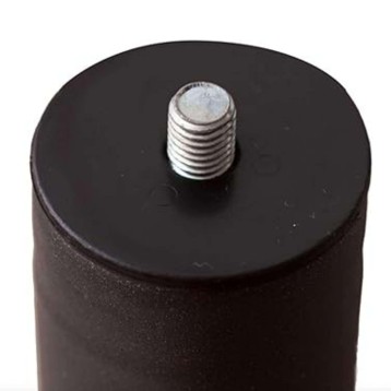 Pata de mueble cilíndrica negra con tapa redonda y tornillo metálico central vista frontal
