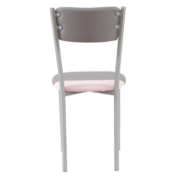 Silla de comedor con respaldo gris y asiento rosa en estructura blanca vista frontal