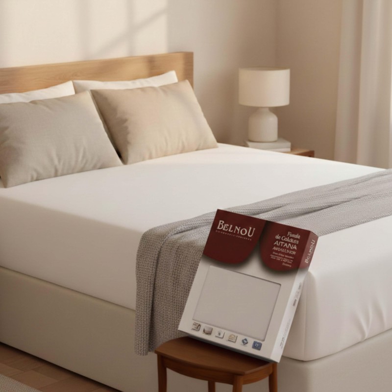Cama con estructura de madera clara y colchón blanco con cojines beige en ambiente de dormitorio minimalista