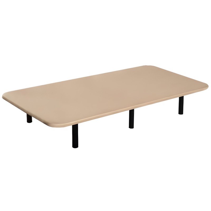 Tapadera beige con bordes redondeados y patas cilíndricas negras de madera