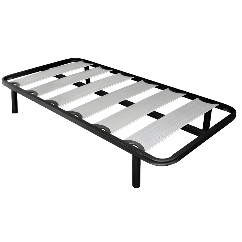 Somier de cama individual con estructura metálica negra y láminas grises reforzadas