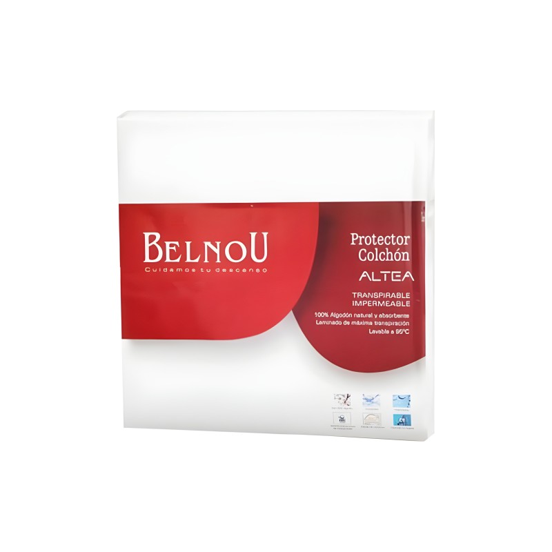 Protector de colchón Belnou Altea impermeable y transpirable en embalaje rojo y blanco