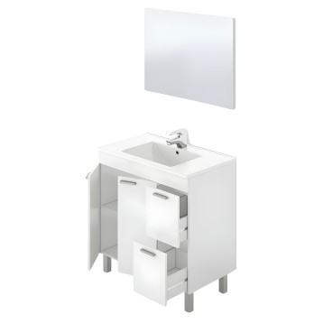 Mueble de baño blanco con lavamanos integrado y espejo rectangular de pared sobre fondo blanco