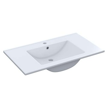 Lavabo blanco rectangular con cuenca central y encimera plana vista en perspectiva