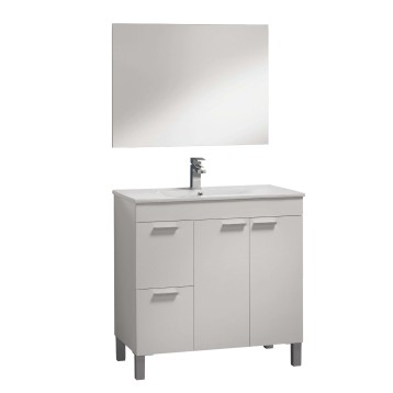 Mueble de baño blanco con lavabo integrado grifería negra y espejo rectangular incluido