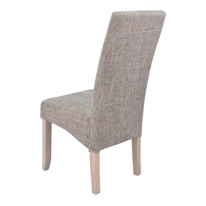 Silla de comedor con respaldo alto tapizado en gris y estructura de madera clara vista de perfil