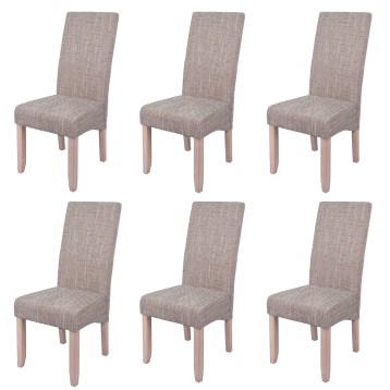 Juego de 6 sillas de comedor tapizadas en gris claro con respaldo alto y patas de madera clara